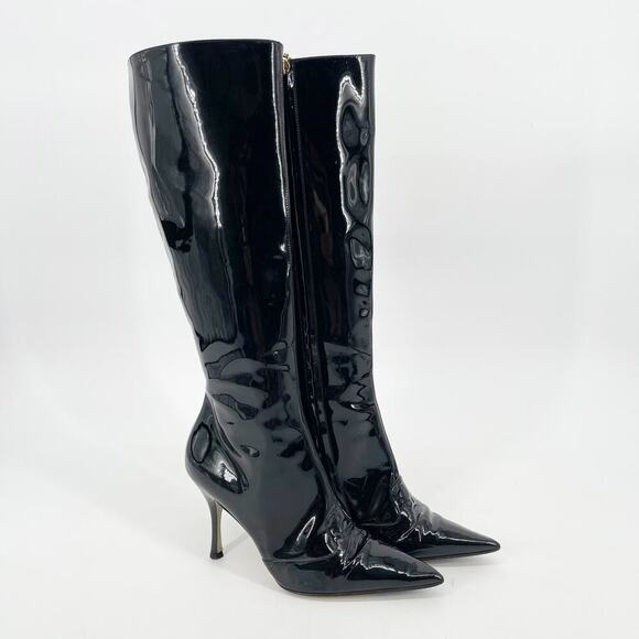 Dolce & Gabbana y2k Black Patent Leather Pointed Toe Knee High Heeled Boot IT 38 - Picture 1 of 15